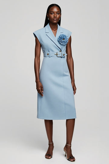Light Blue A Line Midi Work Dress with 3D Flower